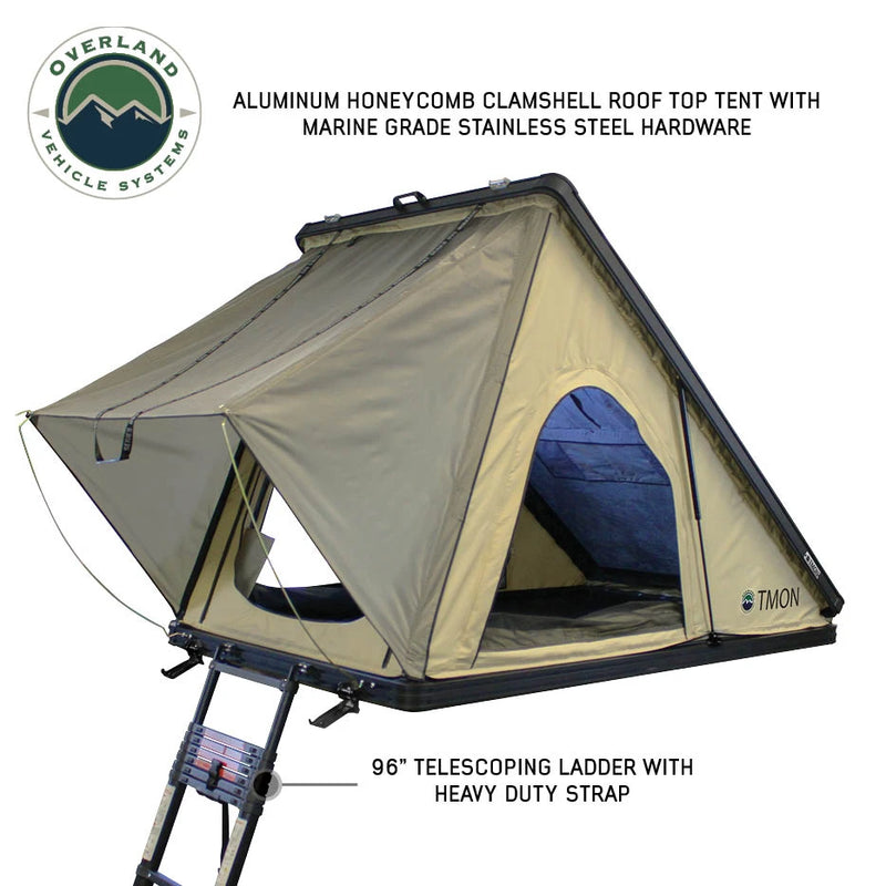 LD TMON 2 Person Clamshell Aluminum Hard Shell Roof Top Tent - Tan Body & Green Rainfly